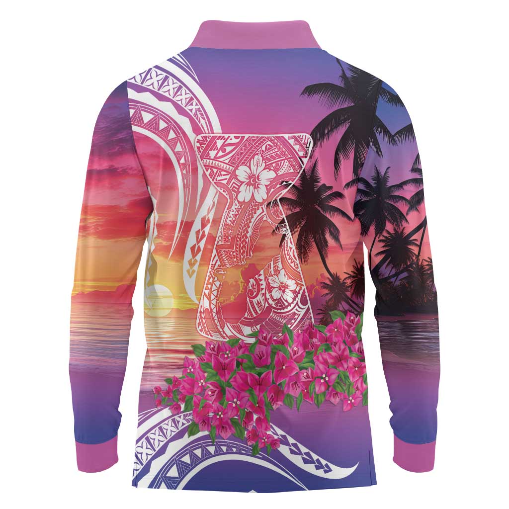 Guam Latte Stone with Map Long Sleeve Polo Shirt Bougainvillea Beach Sunset LT9 - Polynesian Pride