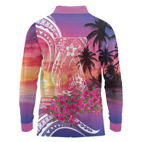 Guam Latte Stone with Map Long Sleeve Polo Shirt Bougainvillea Beach Sunset LT9 - Polynesian Pride