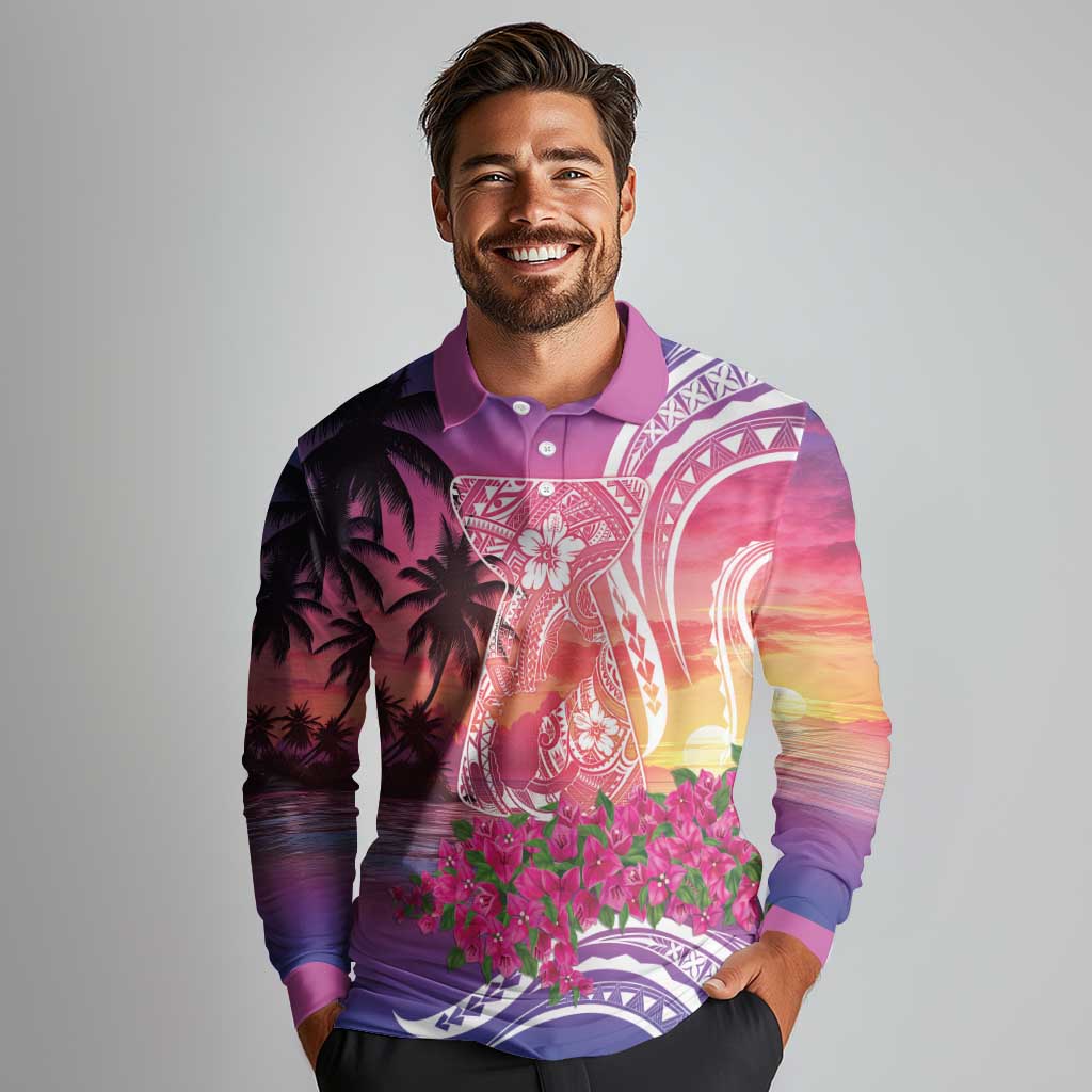 Guam Latte Stone with Map Long Sleeve Polo Shirt Bougainvillea Beach Sunset LT9 - Polynesian Pride