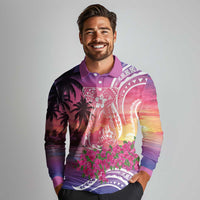 Guam Latte Stone with Map Long Sleeve Polo Shirt Bougainvillea Beach Sunset LT9 - Polynesian Pride
