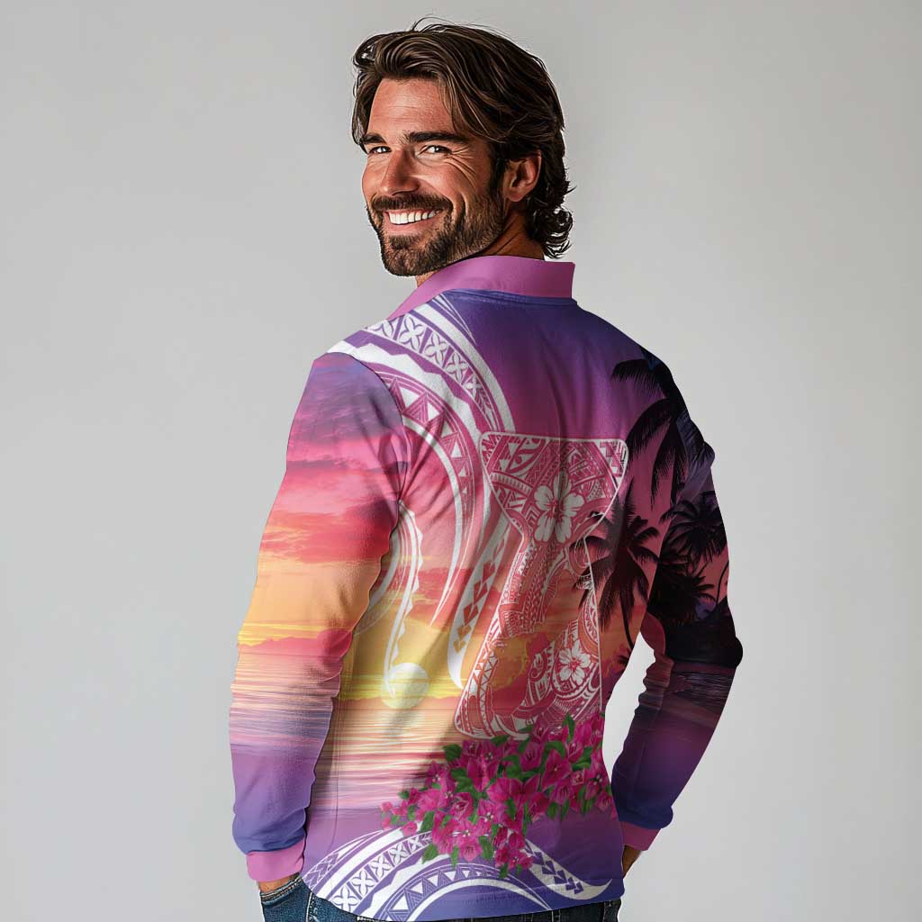 Guam Latte Stone with Map Long Sleeve Polo Shirt Bougainvillea Beach Sunset LT9 - Polynesian Pride