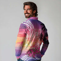 Guam Latte Stone with Map Long Sleeve Polo Shirt Bougainvillea Beach Sunset LT9 - Polynesian Pride