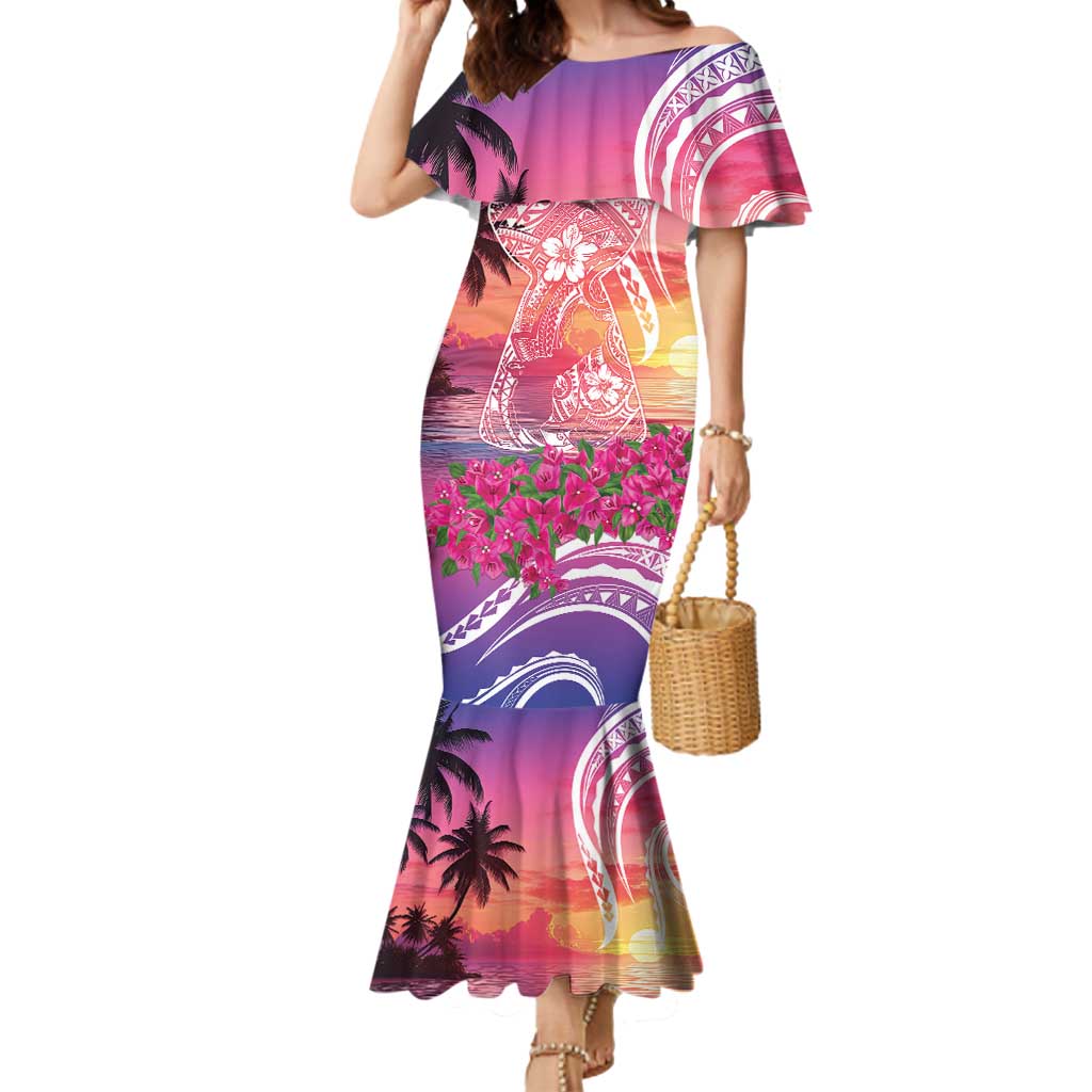 Guam Latte Stone with Map Mermaid Dress Bougainvillea Beach Sunset LT9 Women Sunset - Polynesian Pride