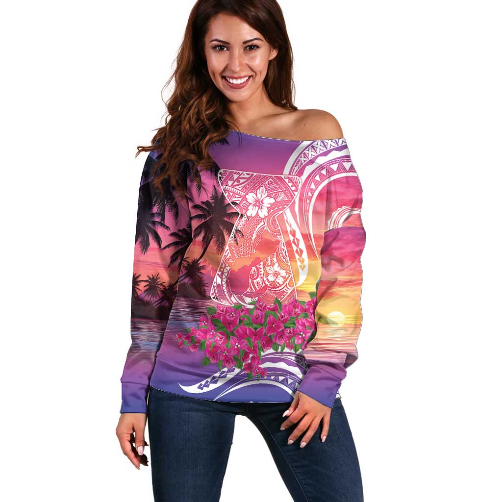 Guam Latte Stone with Map Off Shoulder Sweater Bougainvillea Beach Sunset