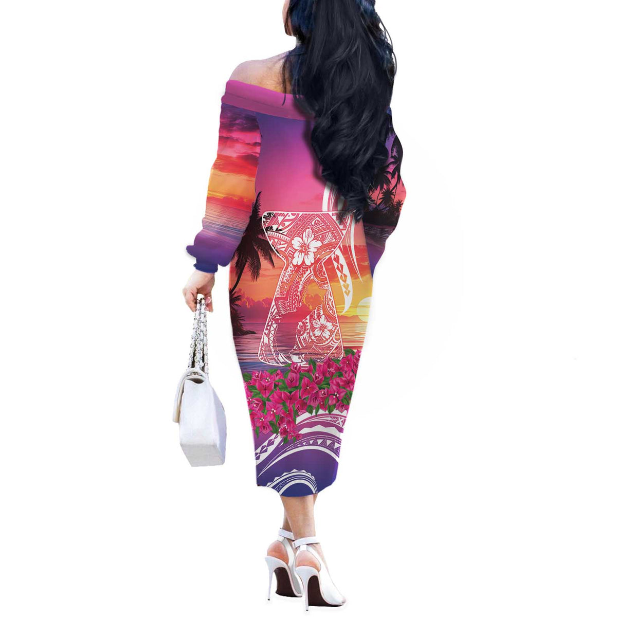 Guam Latte Stone with Map Off The Shoulder Long Sleeve Dress Bougainvillea Beach Sunset LT9 - Polynesian Pride