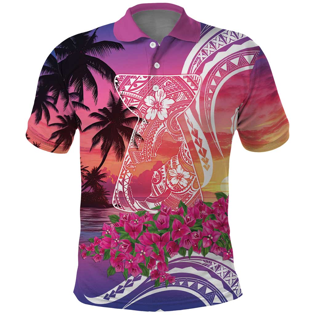 Guam Latte Stone with Map Polo Shirt Bougainvillea Beach Sunset LT9 Sunset - Polynesian Pride