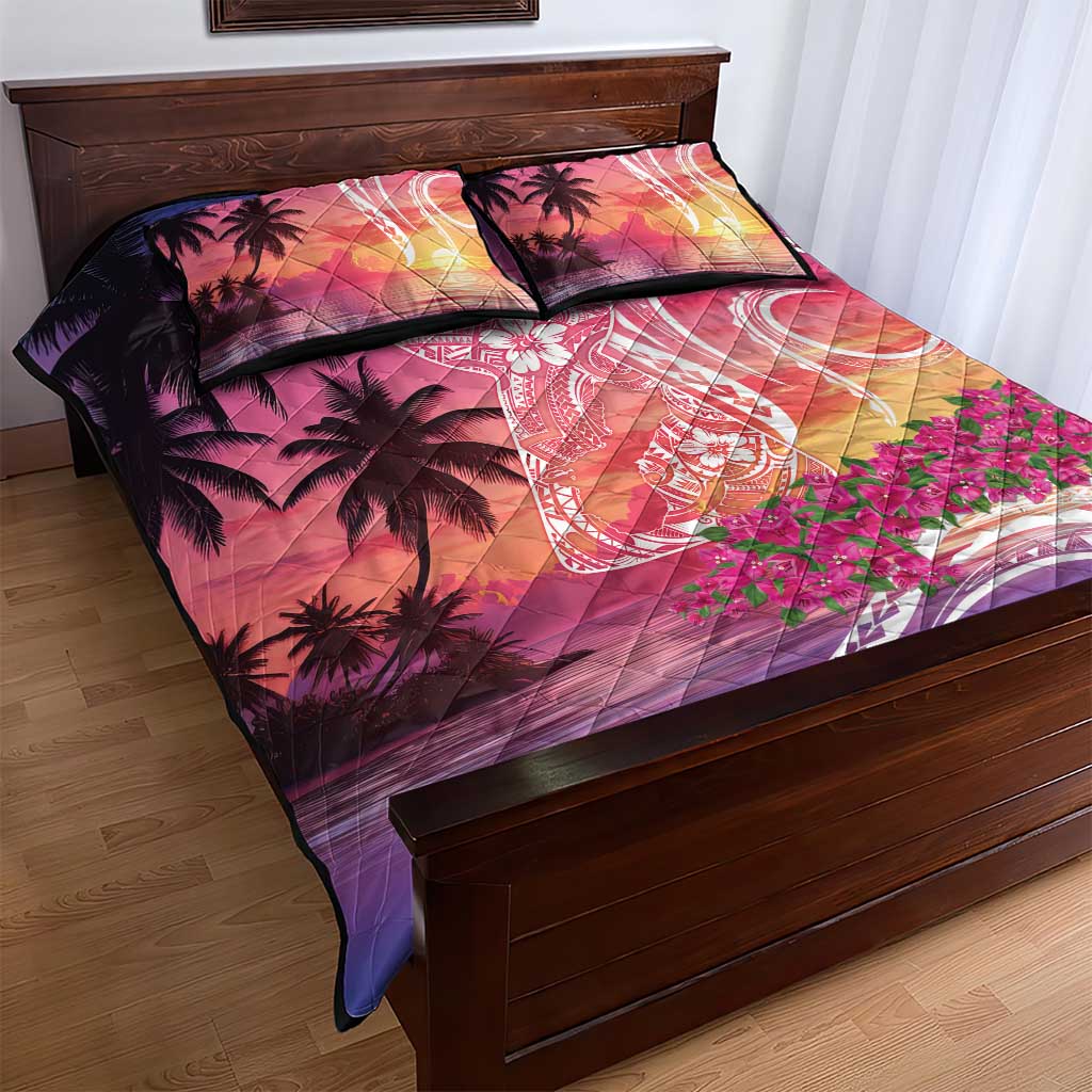 Guam Latte Stone with Map Quilt Bed Set Bougainvillea Beach Sunset LT9 - Polynesian Pride
