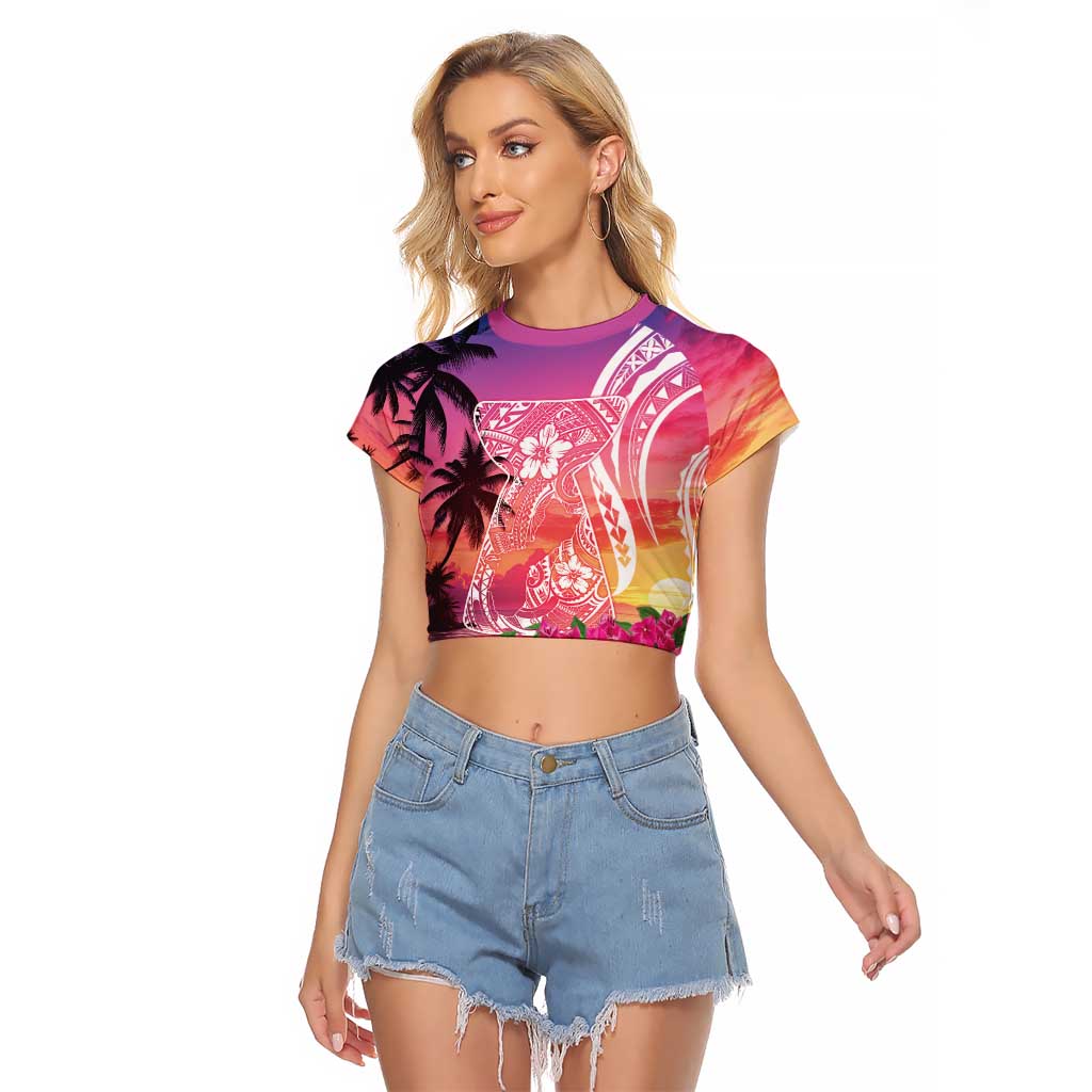 Guam Latte Stone with Map Raglan Cropped T Shirt Bougainvillea Beach Sunset LT9 Female Sunset - Polynesian Pride