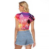 Guam Latte Stone with Map Raglan Cropped T Shirt Bougainvillea Beach Sunset LT9 - Polynesian Pride