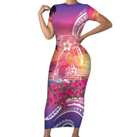 Guam Latte Stone with Map Short Sleeve Bodycon Dress Bougainvillea Beach Sunset LT9 Long Dress Sunset - Polynesian Pride