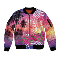 Guam Latte Stone with Map Sleeve Zip Bomber Jacket Bougainvillea Beach Sunset LT9 Unisex Sunset - Polynesian Pride