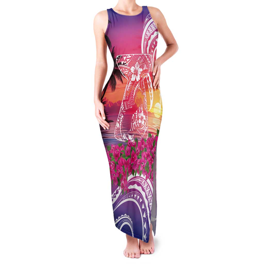 Guam Latte Stone with Map Tank Maxi Dress Bougainvillea Beach Sunset LT9 Women Sunset - Polynesian Pride
