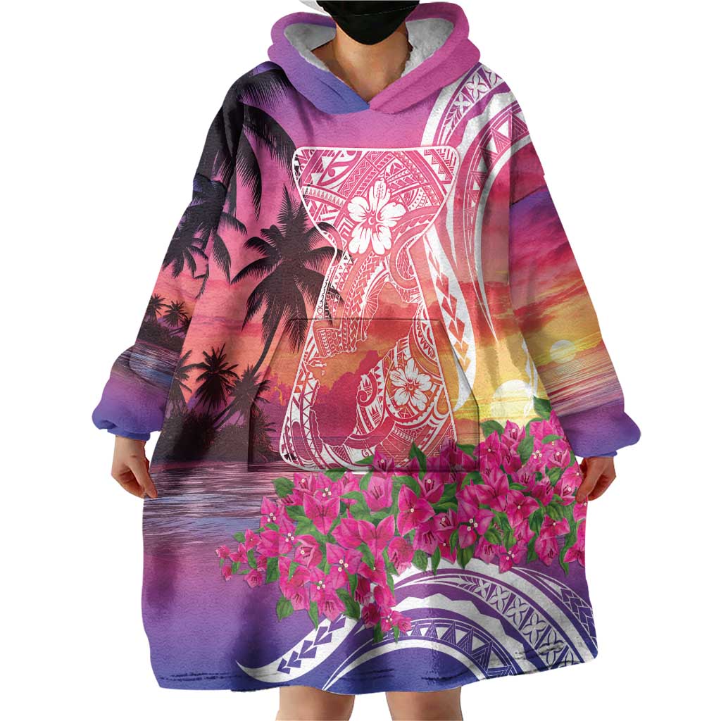 Guam Latte Stone with Map Wearable Blanket Hoodie Bougainvillea Beach Sunset LT9 - Polynesian Pride