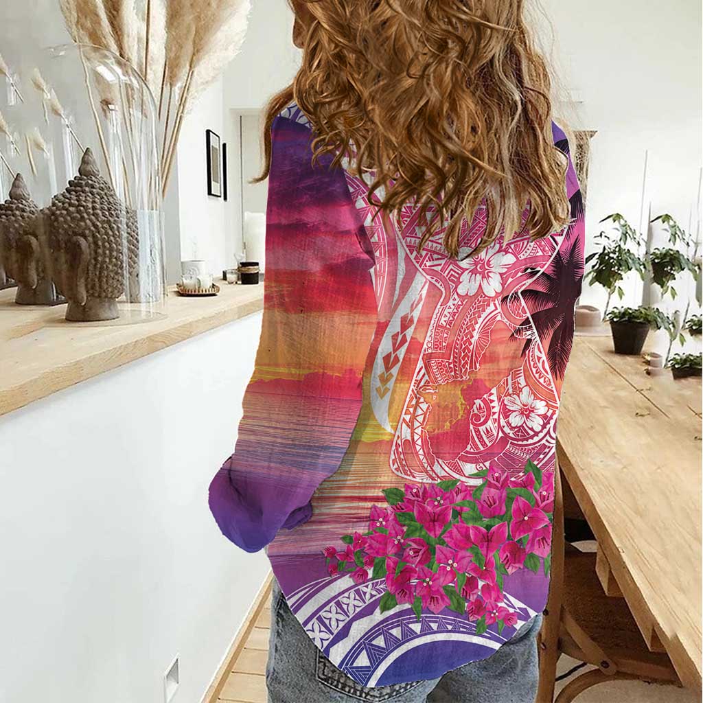 Guam Latte Stone with Map Women Casual Shirt Bougainvillea Beach Sunset LT9 - Polynesian Pride