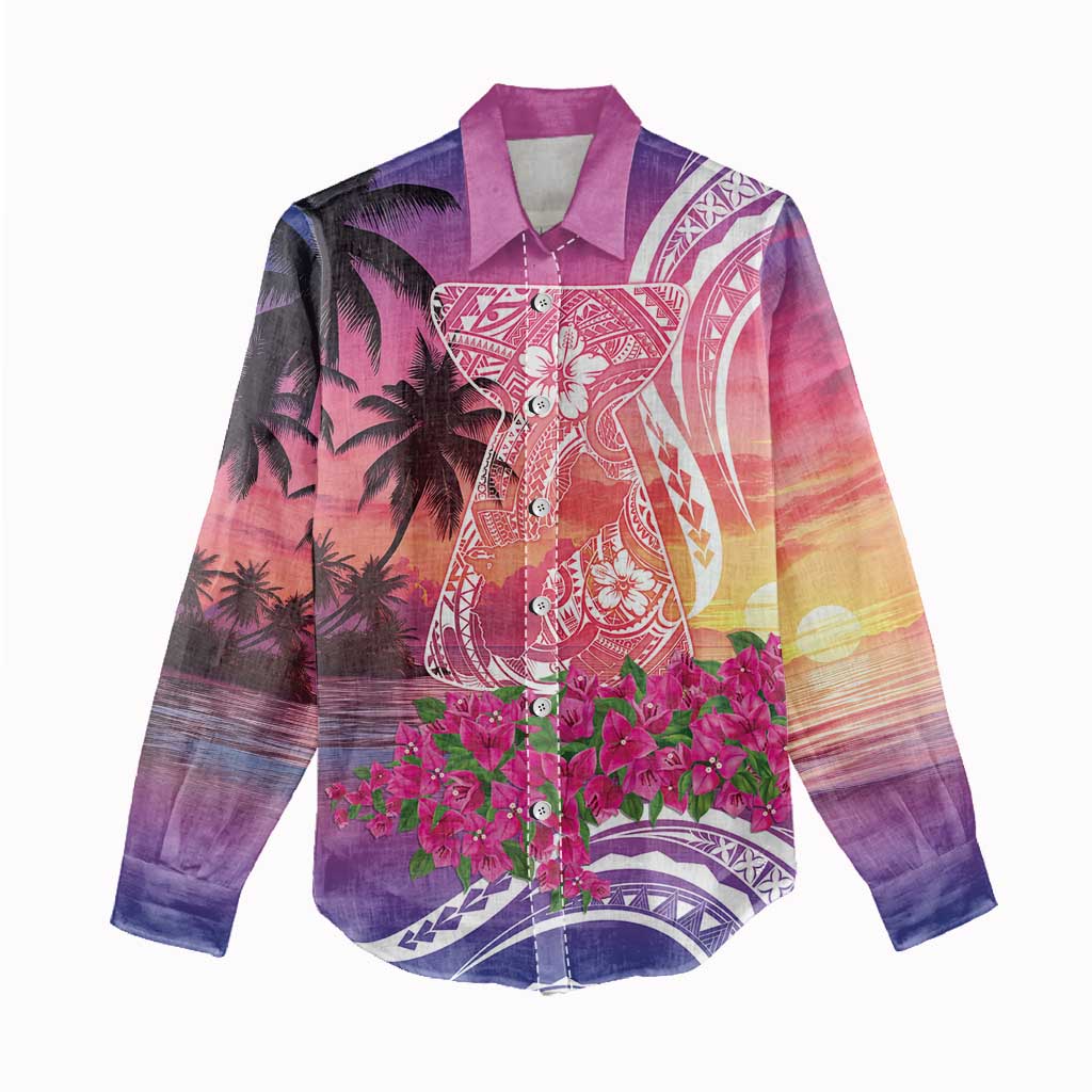 Guam Latte Stone with Map Women Casual Shirt Bougainvillea Beach Sunset LT9 - Polynesian Pride
