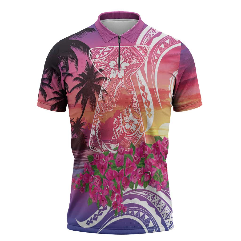 Guam Latte Stone with Map Zipper Polo Shirt Bougainvillea Beach Sunset LT9 Sunset - Polynesian Pride