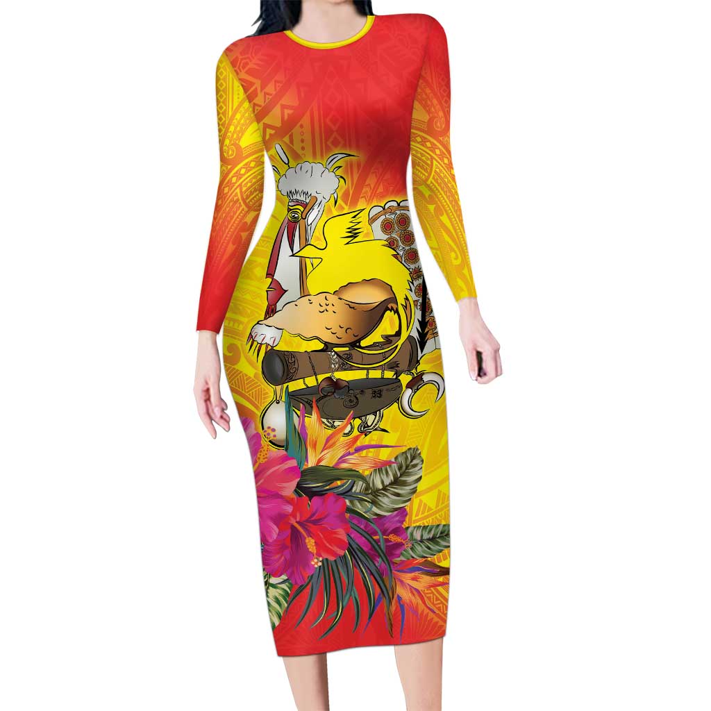 Papua New Guinea Cultural Tropical Flowers Long Sleeve Bodycon Dress