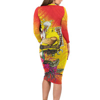 Papua New Guinea Cultural Tropical Flowers Long Sleeve Bodycon Dress LT9 - Polynesian Pride