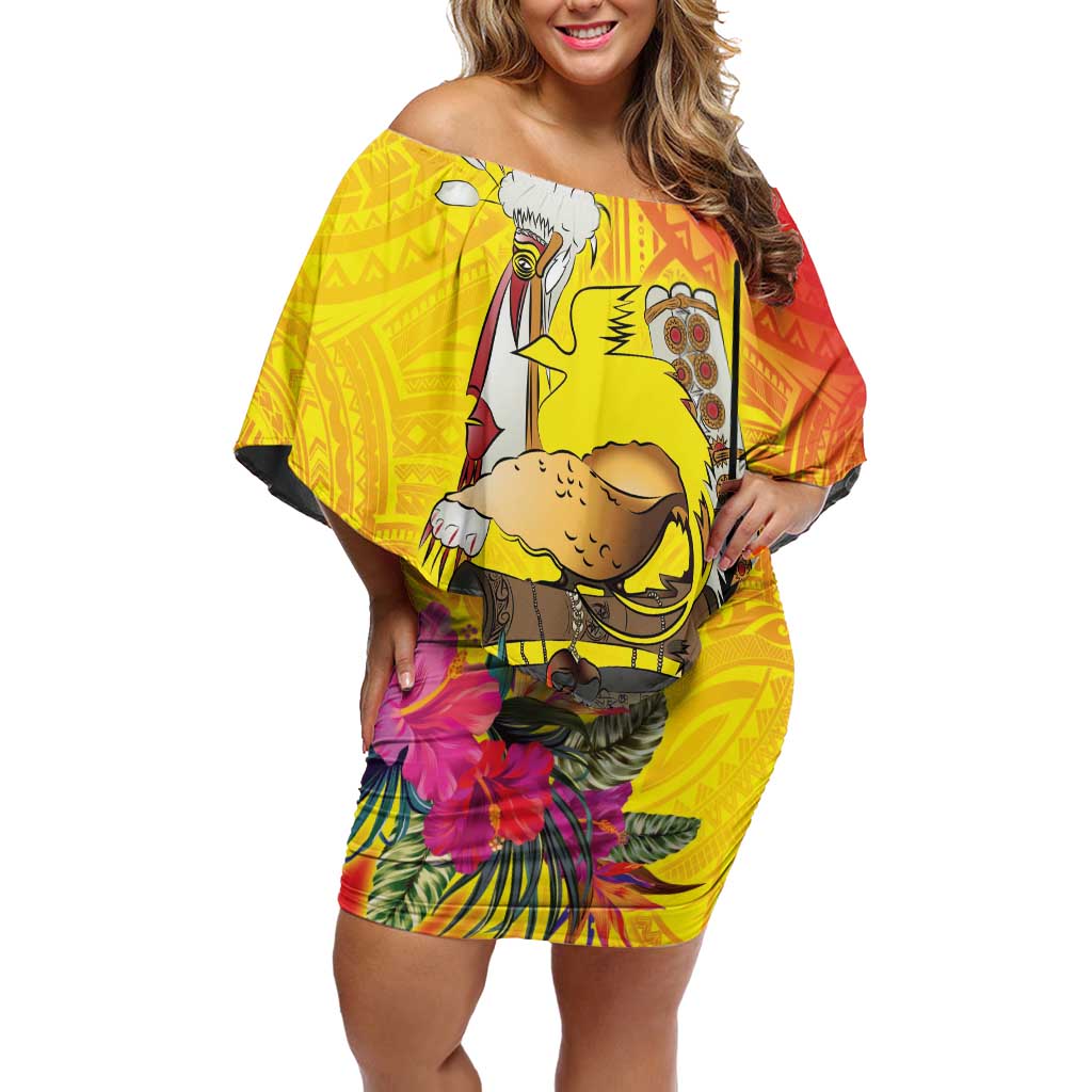 Papua New Guinea Cultural Tropical Flowers Off Shoulder Short Dress LT9 Women Gold - Polynesian Pride