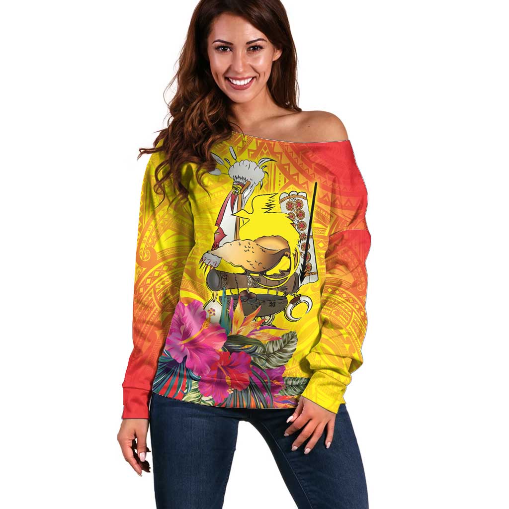 Papua New Guinea Cultural Tropical Flowers Off Shoulder Sweater LT9 Women Gold - Polynesian Pride