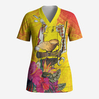 Papua New Guinea Cultural Tropical Flowers Scrub Top LT9 Adult Gold - Polynesian Pride