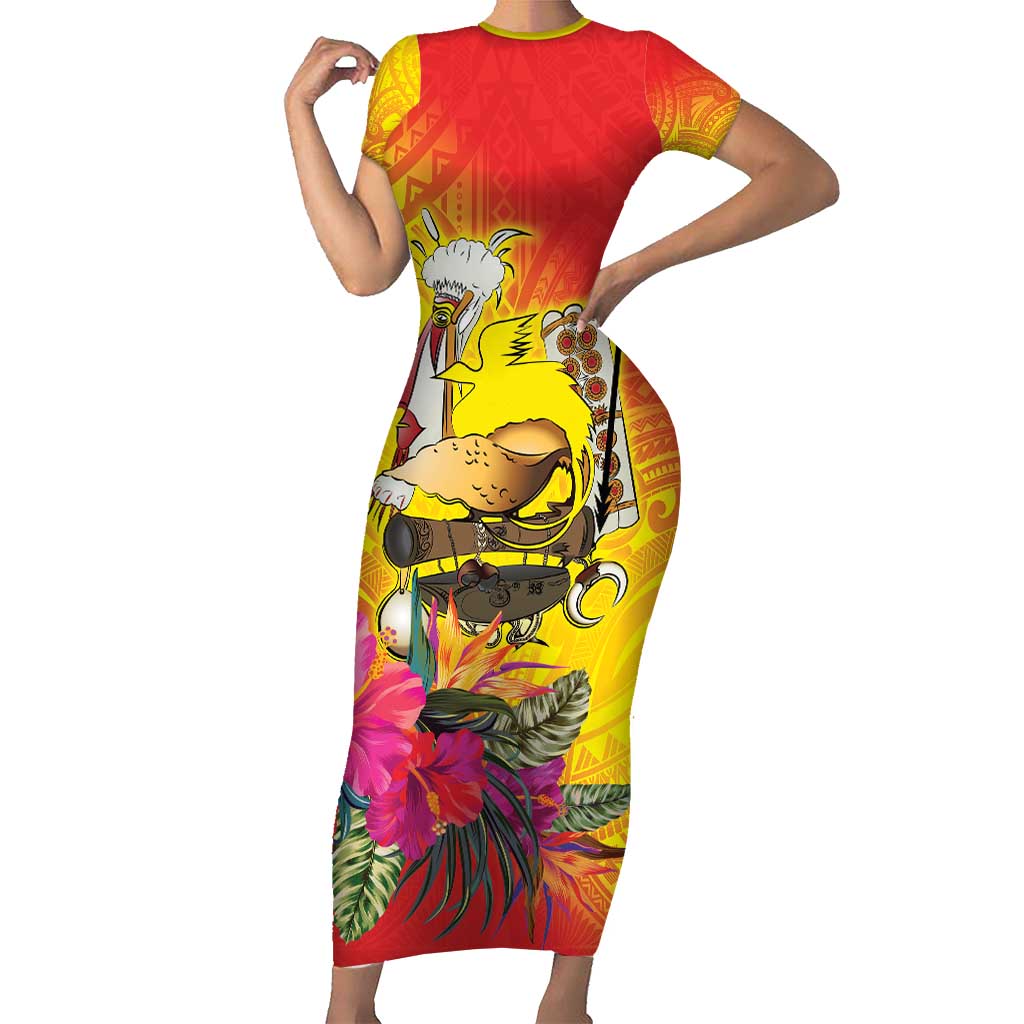 Papua New Guinea Cultural Tropical Flowers Short Sleeve Bodycon Dress