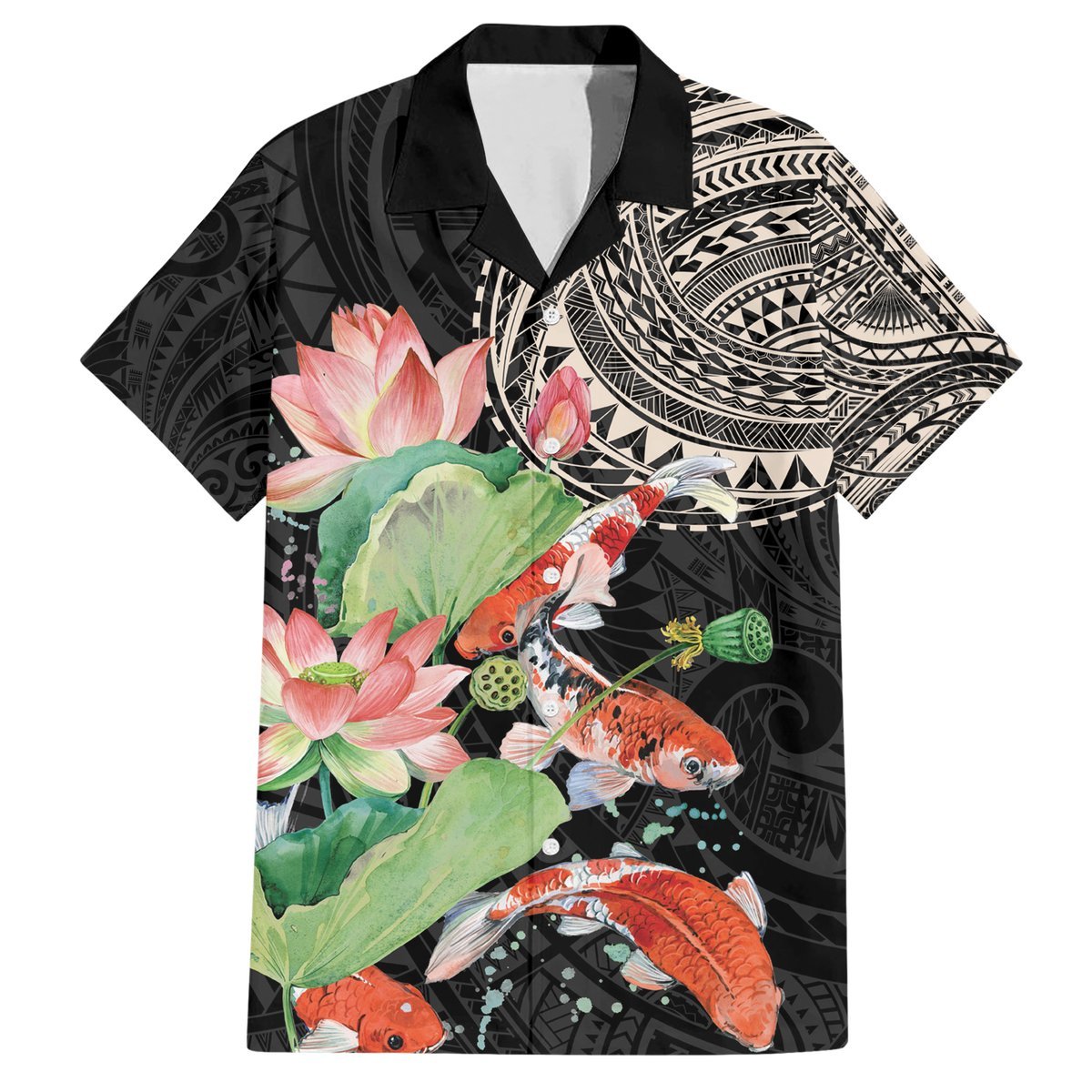 Personalized Japanese Koi Fish Hawaiian Shirt with Polynesian Pattern LT9 Black - Polynesian Pride
