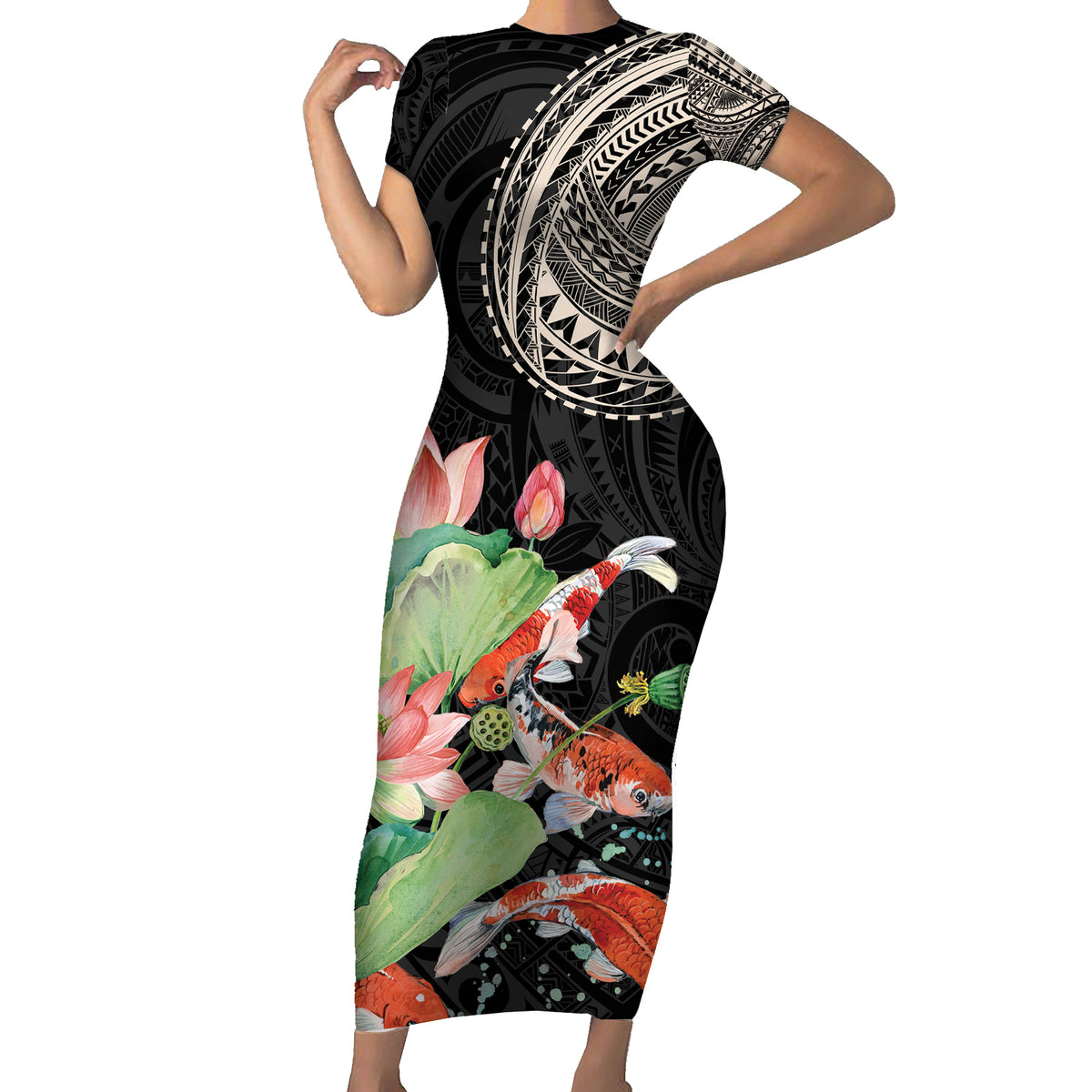 Personalized Japanese Koi Fish Short Sleeve Bodycon Dress with Polynesian Pattern LT9 Long Dress Black - Polynesian Pride