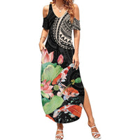 Personalized Japanese Koi Fish Summer Maxi Dress with Polynesian Pattern LT9 Women Black - Polynesian Pride