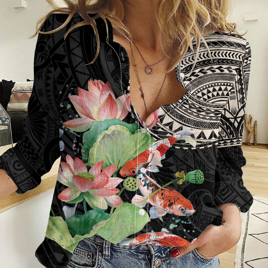 Personalized Japanese Koi Fish Women Casual Shirt with Polynesian Pattern LT9 Female Black - Polynesian Pride