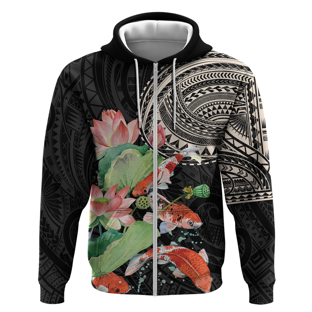 Personalized Japanese Koi Fish Zip Hoodie with Polynesian Pattern LT9 Zip Hoodie Black - Polynesian Pride
