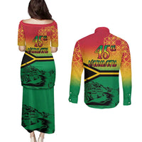 Hapi 45th Indipendens Dei Vanuatu Couples Matching Puletasi and Long Sleeve Button Shirt Yumi 1980 with Vanuatuan Beach Landscape LT9 - Polynesian Pride
