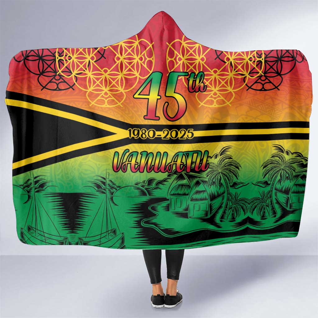 Hapi 45th Indipendens Dei Vanuatu Hooded Blanket Yumi 1980 with Vanuatuan Beach Landscape LT9 One Size Red - Polynesian Pride