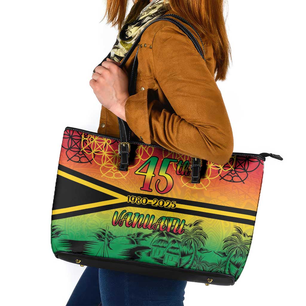 Hapi 45th Indipendens Dei Vanuatu Leather Tote Bag Yumi 1980 with Vanuatuan Beach Landscape LT9 Red - Polynesian Pride