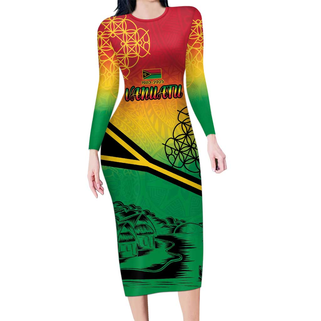 Hapi 45th Indipendens Dei Vanuatu Long Sleeve Bodycon Dress Yumi 1980 with Vanuatuan Beach Landscape LT9 Long Dress Red - Polynesian Pride