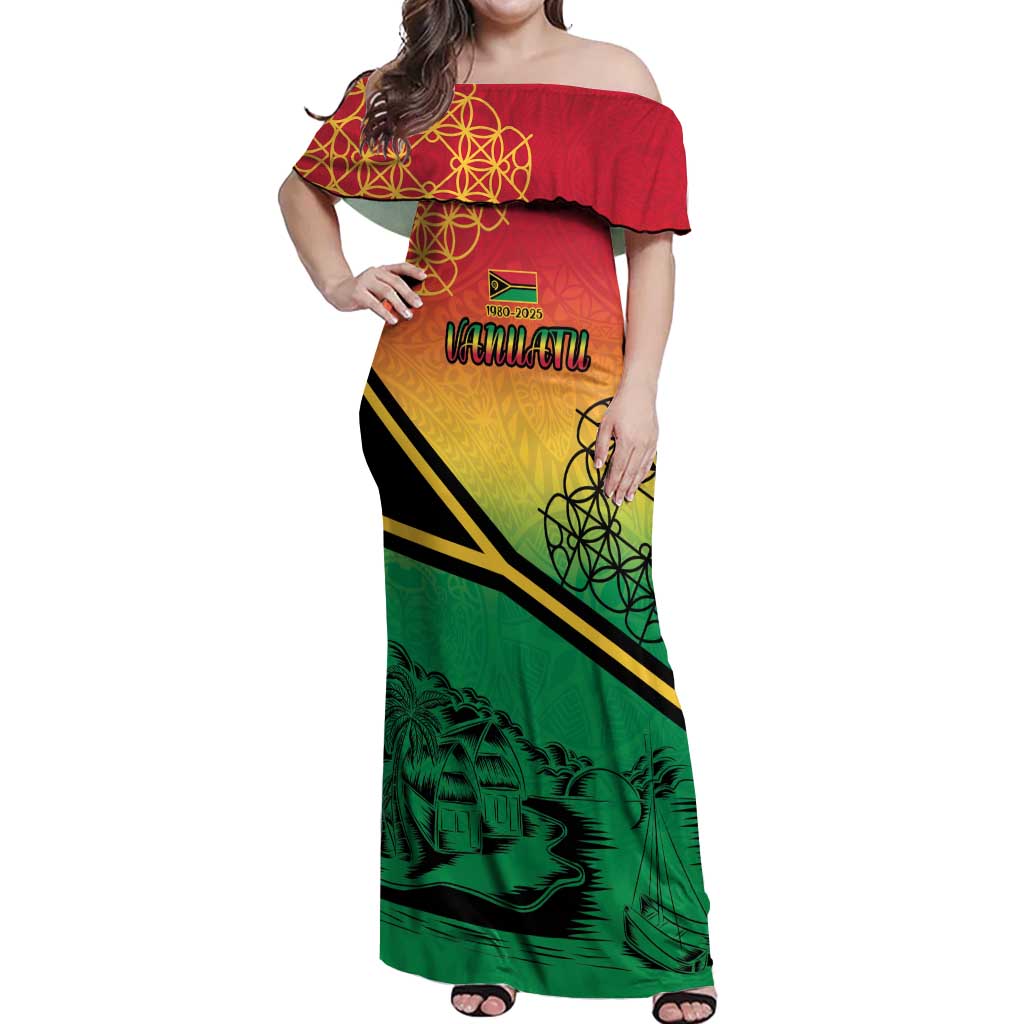Hapi 45th Indipendens Dei Vanuatu Off Shoulder Maxi Dress Yumi 1980 with Vanuatuan Beach Landscape LT9 Women Red - Polynesian Pride