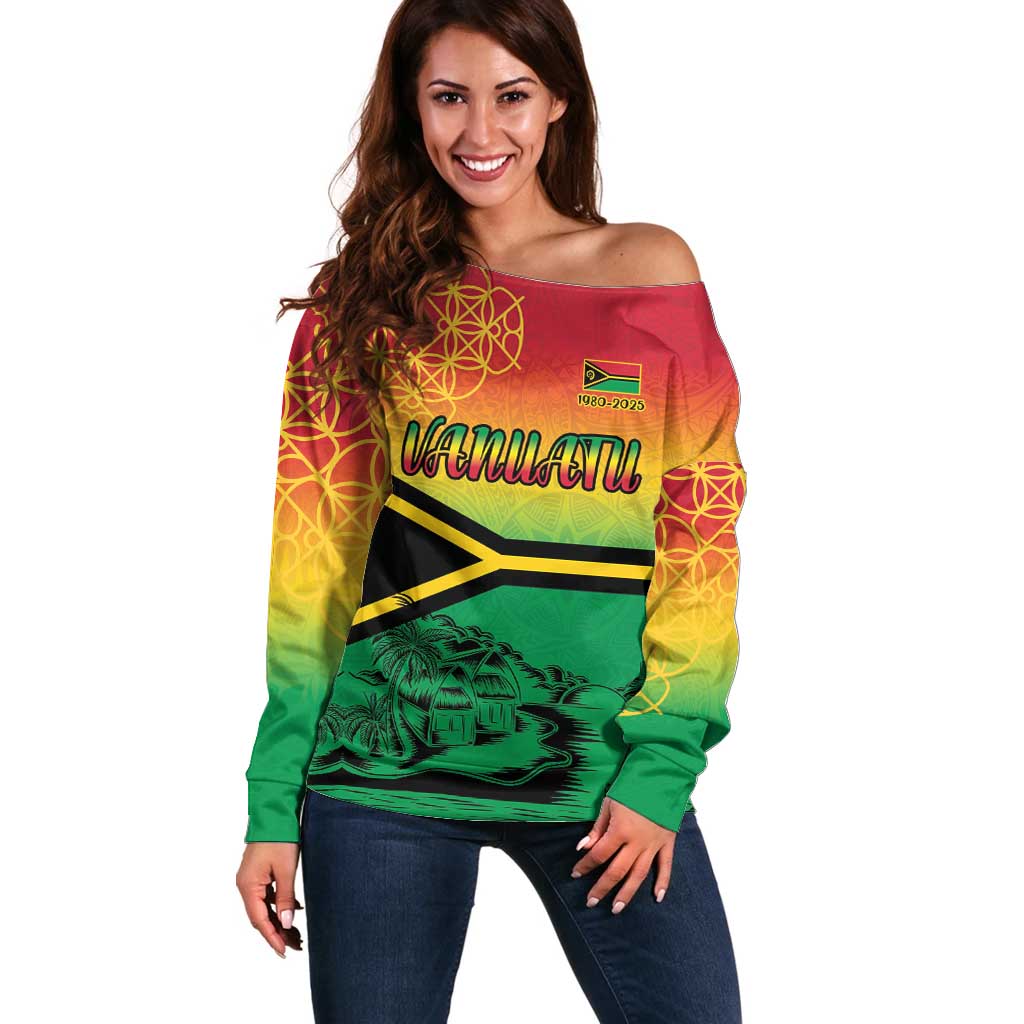 Hapi 45th Indipendens Dei Vanuatu Off Shoulder Sweater Yumi 1980 with Vanuatuan Beach Landscape LT9 Women Red - Polynesian Pride