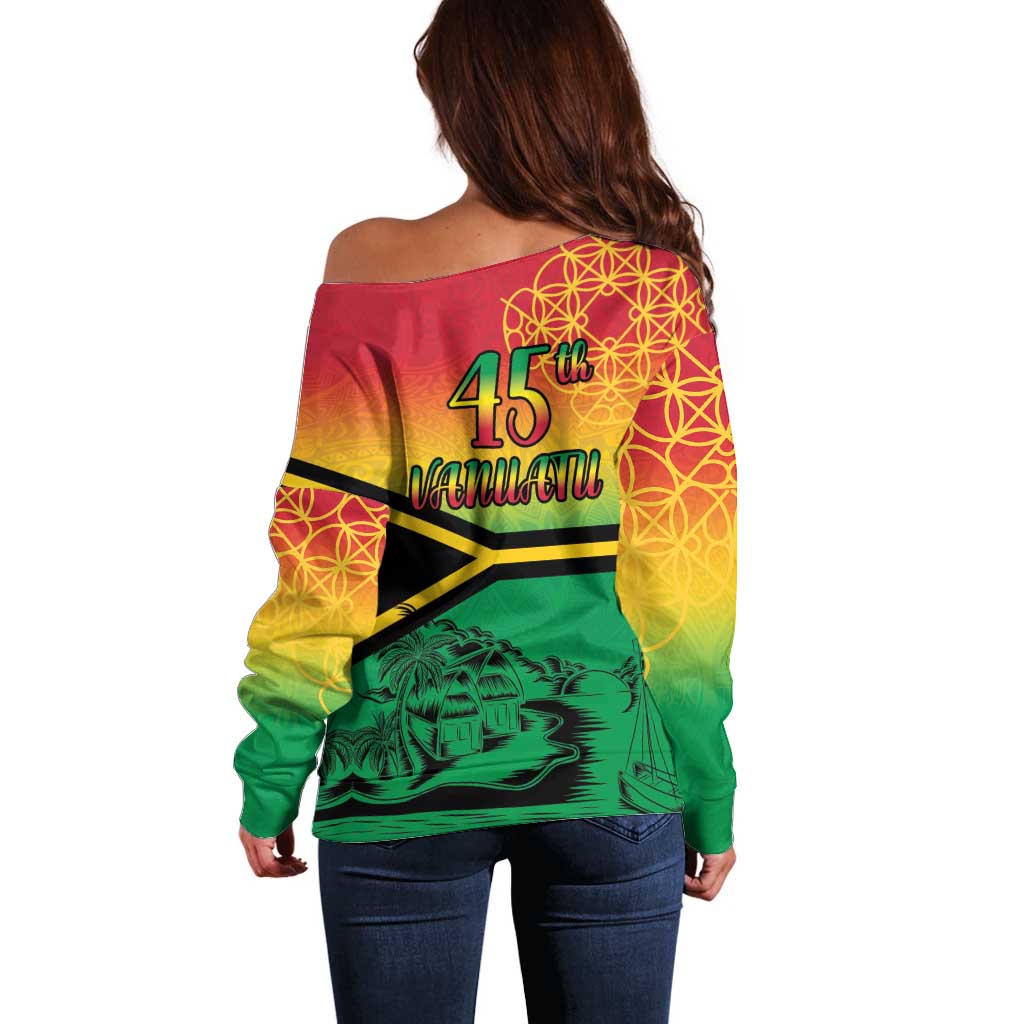 Hapi 45th Indipendens Dei Vanuatu Off Shoulder Sweater Yumi 1980 with Vanuatuan Beach Landscape LT9 - Polynesian Pride