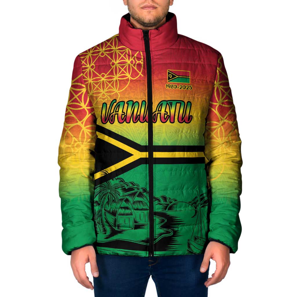 Hapi 45th Indipendens Dei Vanuatu Padded Jacket Yumi 1980 with Vanuatuan Beach Landscape LT9 Men Red - Polynesian Pride