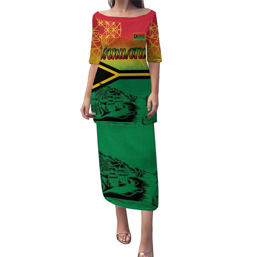 Hapi 45th Indipendens Dei Vanuatu Puletasi Yumi 1980 with Vanuatuan Beach Landscape LT9 Long Dress Red - Polynesian Pride