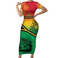 Hapi 45th Indipendens Dei Vanuatu Short Sleeve Bodycon Dress Yumi 1980 with Vanuatuan Beach Landscape LT9 Long Dress Red - Polynesian Pride