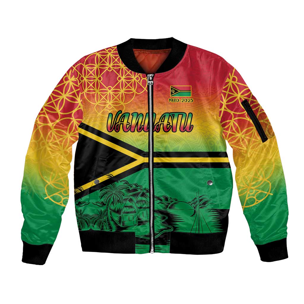 Hapi 45th Indipendens Dei Vanuatu Sleeve Zip Bomber Jacket Yumi 1980 with Vanuatuan Beach Landscape LT9 Unisex Red - Polynesian Pride