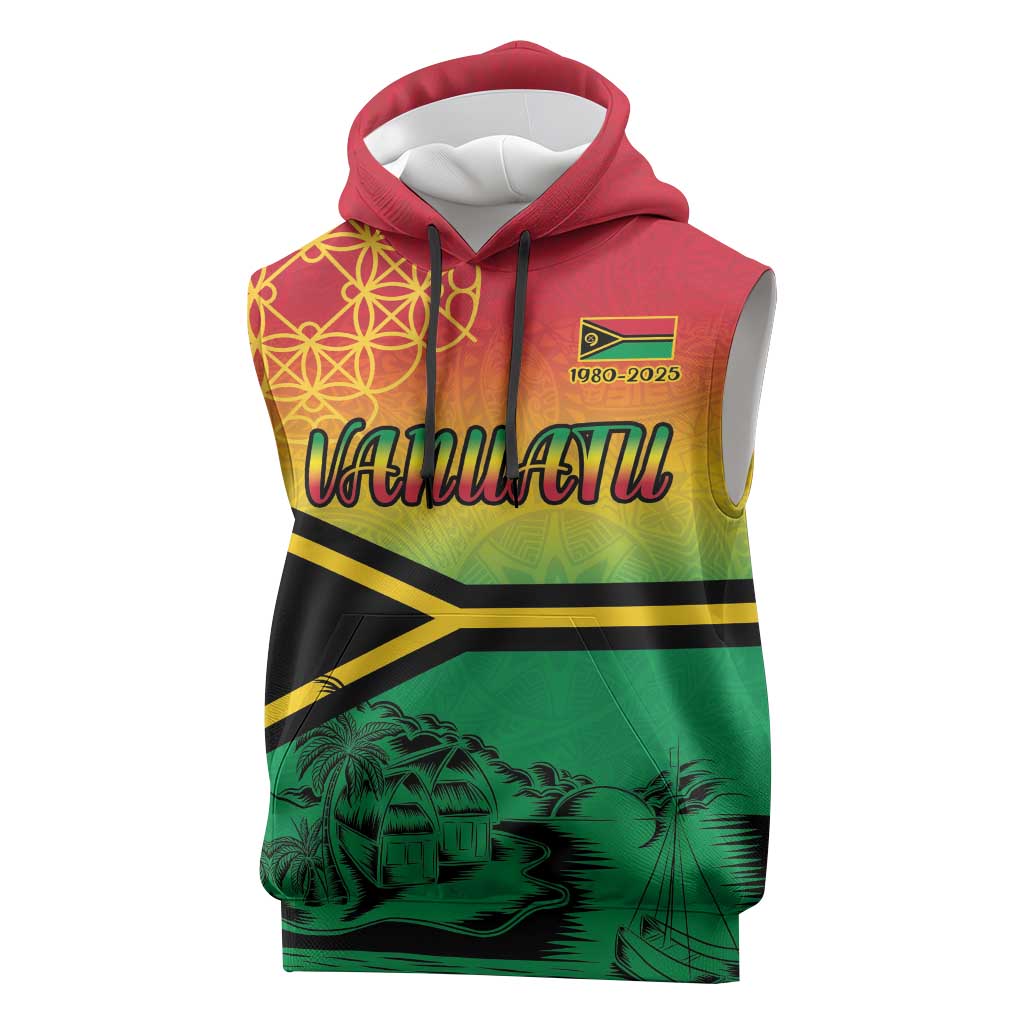 Hapi 45th Indipendens Dei Vanuatu Sleeveless Hoodie Yumi 1980 with Vanuatuan Beach Landscape LT9 Red - Polynesian Pride