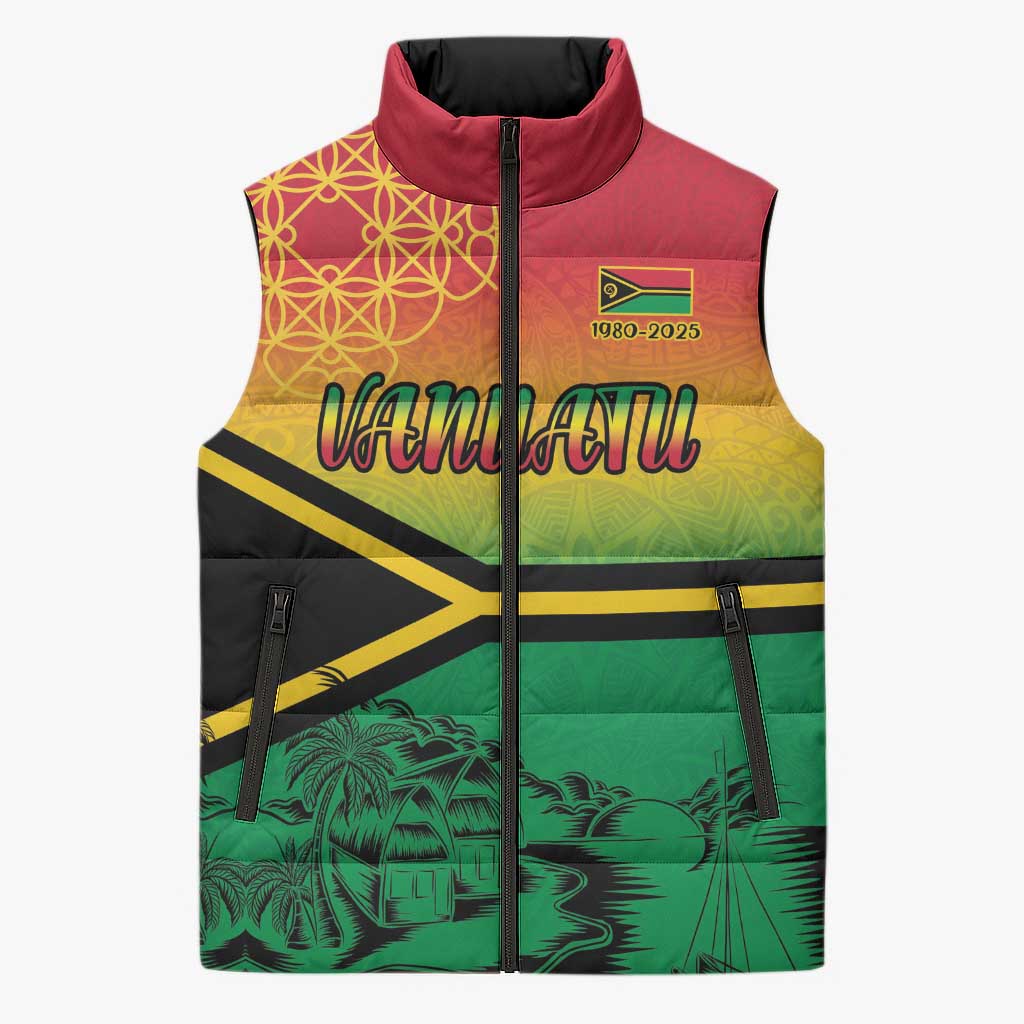 Hapi 45th Indipendens Dei Vanuatu Sleeveless Puffer Jacket Yumi 1980 with Vanuatuan Beach Landscape LT9 Unisex Red - Polynesian Pride