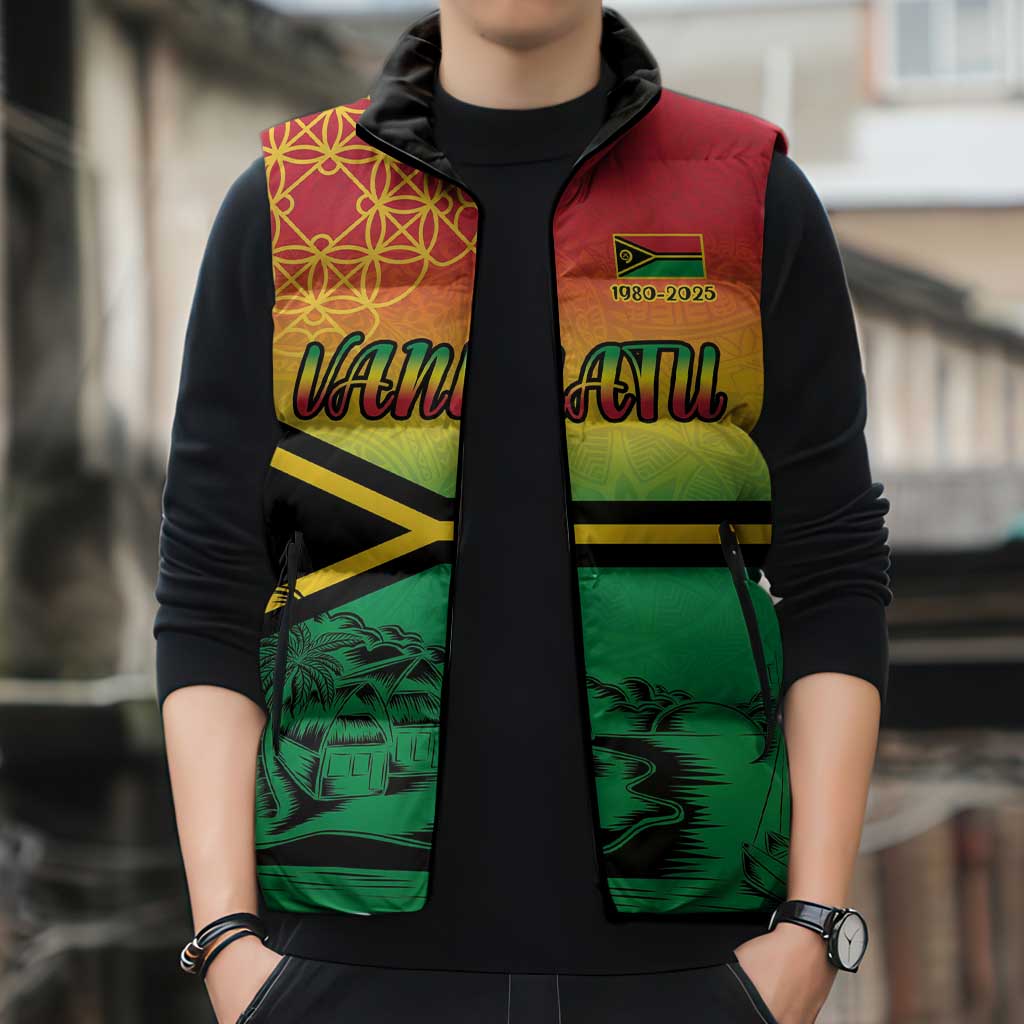 Hapi 45th Indipendens Dei Vanuatu Sleeveless Puffer Jacket Yumi 1980 with Vanuatuan Beach Landscape LT9 - Polynesian Pride