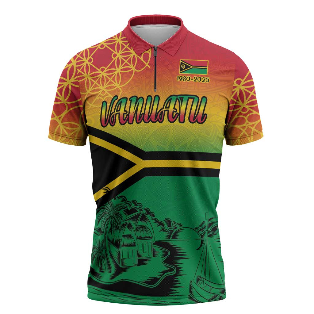 Hapi 45th Indipendens Dei Vanuatu Zipper Polo Shirt Yumi 1980 with Vanuatuan Beach Landscape LT9 Red - Polynesian Pride