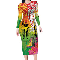 Vanuatu 45th Anniversary Long Sleeve Bodycon Dress Polynesian with Sand Drawing Pattern LT9 Long Dress Red - Polynesian Pride