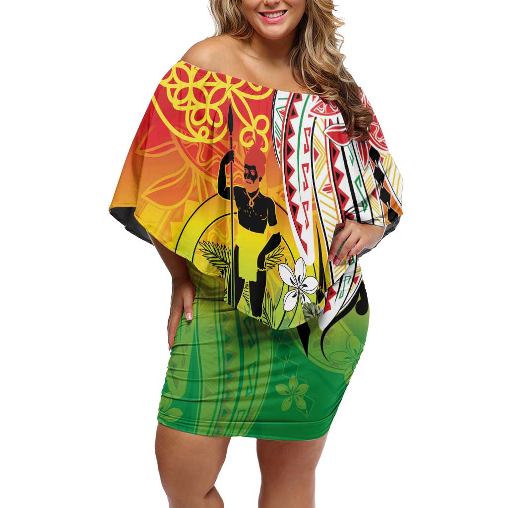 Vanuatu 45th Anniversary Off Shoulder Short Dress Polynesian with Sand Drawing Pattern LT9 Women Red - Polynesian Pride