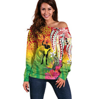 Vanuatu 45th Anniversary Off Shoulder Sweater Polynesian with Sand Drawing Pattern LT9 Women Red - Polynesian Pride