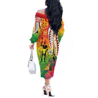 Vanuatu 45th Anniversary Off The Shoulder Long Sleeve Dress Polynesian with Sand Drawing Pattern LT9 - Polynesian Pride